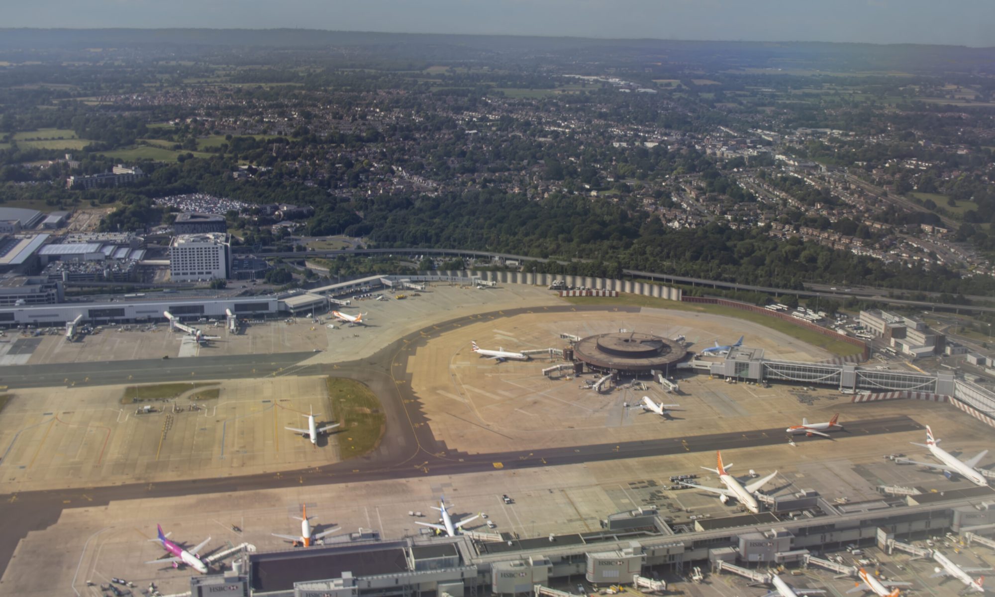 Crawley, Sussex, UK - June 2023: An aerial view of Gatwick Airport in Sussex, UK